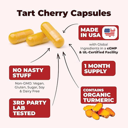 Turmeric Supplement with 10:1 Tart Cherry Extract, Turmeric Curcumin with Black Pepper & Organic Tumeric. 600mg Tart Cherry Capsules. Aids Uric Acid Balance, Joint, Muscle, Sleep Support. 60 Capsules