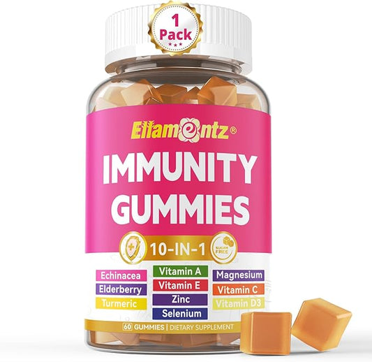 10-In-1 Immune Gummies with Multivitamins, 100% Daily Zinc, Vitamin C & D3 Immunity Supplement + Echinacea, Sambucus Elderberry, Turmeric, Magnesium - Immune Support, Overall Health, Sugar Free, 60Cts