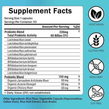 Probiotics and Organic Prebiotics for Women & Men, 60 Billion CFUs 10 Strains, Support Digestive & Gut Health, Gas & Bloating, 30 Capsules