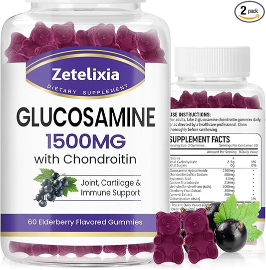 2 Pack Glucosamine Chondroitin Gummies, Glucosamine Chondroitin with MSM, Elderberry, Turmeric - Joint Support Supplement for Adults, Men & Women, Elerberry Flavor 120 Count
