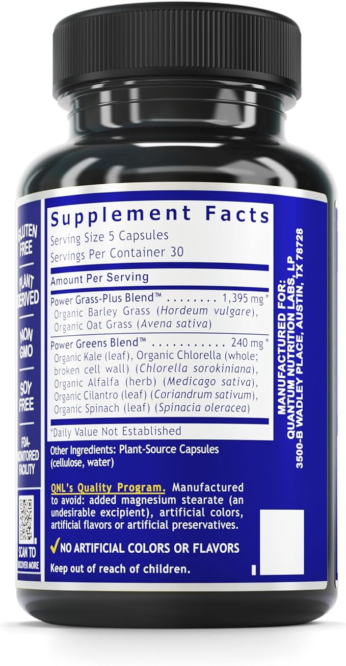 Quantum Nutrition Labs Greens Capsules - Super Greens Capsules, Greens Supplements, Superfood Blend for Wellness, Organic Veggie Pills with Kale, Leafy Greens, Alfalfa - 150 Vegetarian Capsules