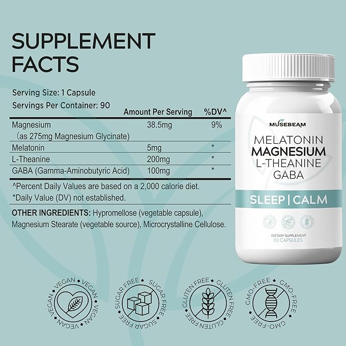 Magnesium Glycinate 275mg Melatonin 5mg L-Theanine 200mg GABA 100mg Capsules - Full Rest Nighttime Bedtime Support Supplement for Men Women - Vegan Sugar-Free Gluten-Free