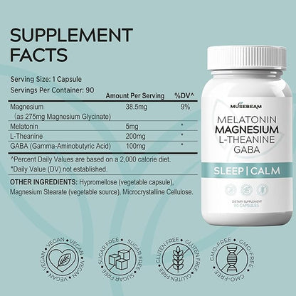 Magnesium Glycinate 275mg Melatonin 5mg L-Theanine 200mg GABA 100mg Capsules - Full Rest Nighttime Bedtime Support Supplement for Men Women - Vegan Sugar-Free Gluten-Free