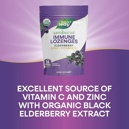 Nature's Way Organic Sambucus Zinc Lozenges - With Elderberry & Vitamin C - Vegan & Gluten Free - 24 Lozenges (Pack of 3)