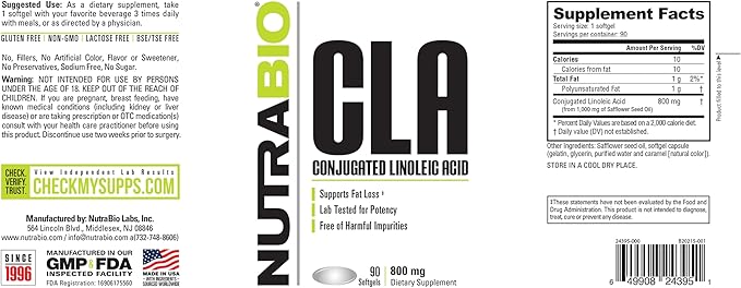 NutraBio CLA Conjugated Linoleic Acid Supplement, 800mg - 90 Softgels