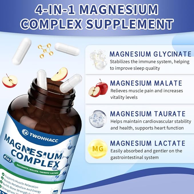 Magnesium Complex Supplement 120 Capsules of Magnesium Glycinate Malate Taurate Lactate Chelated and Purified Bone Heart Sleep Support 240 mg