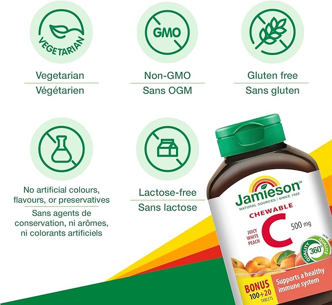 Jamieson Vitamin C Chewables 500 mg - Juicy White Peach Flavour, 120 Tablets