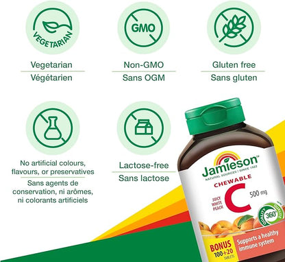 Jamieson Vitamin C Chewables 500 mg - Juicy White Peach Flavour, 120 Tablets