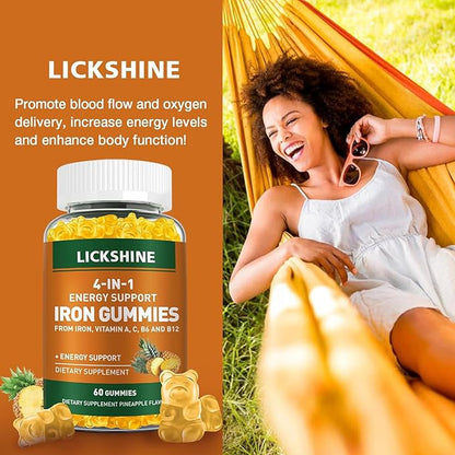 2 Pack Vegan 100MG Iron Supplement Gummies for Women & Men - with Vitamin C, A, B for Adults & Kids - Energy Support for Iron Deficiency, Anemia - Pineapple Flavor (120 Ct)