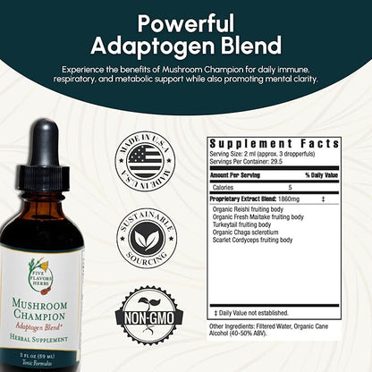 Mushroom Champion Tincture - Metabolic Support, Immune Support, Respiratory Support, Adaptogen Blend, Tonic Formula, Reishi, Maitake, Herbal Supplement - 2 Fl Oz