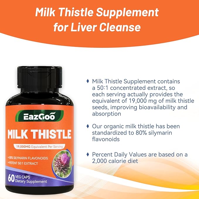 Milk Thistle Capsules 19000mg Equivalent, 50X Concentrated Seed Extract & 80% Silymarin Standardized, Liver Support Supplement, Vegan, Non-GMO, 60 Capsules