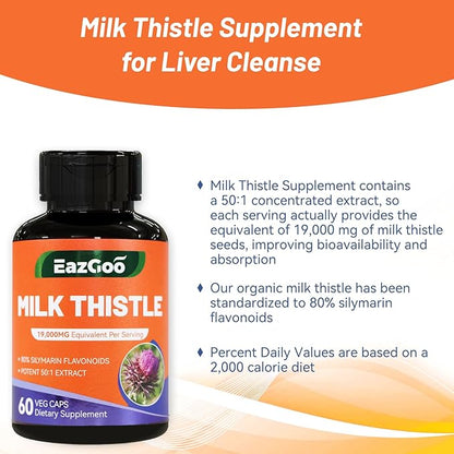 Milk Thistle Capsules 19000mg Equivalent, 50X Concentrated Seed Extract & 80% Silymarin Standardized, Liver Support Supplement, Vegan, Non-GMO, 60 Capsules