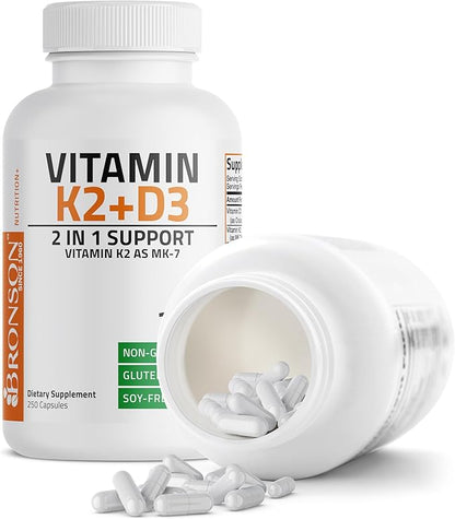 Bronson Vitamin K2 (MK7) with D3 Supplement Non-GMO Formula 5000 IU Vitamin D3 & 90 mcg K2 MK-7 Easy to Swallow D & K Complex, 250 Capsules