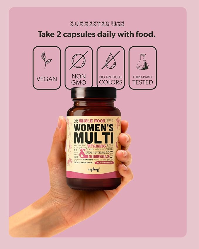 Multivitamin for Women - Daily Women’s Multivitamin - Methylated B Complex with Whole Food Ingredients, Vitamin B12, Folate, A, C, D3, E, K2, Organic Fruits & Vegetables - Vegan, Non-GMO - 60 Caps