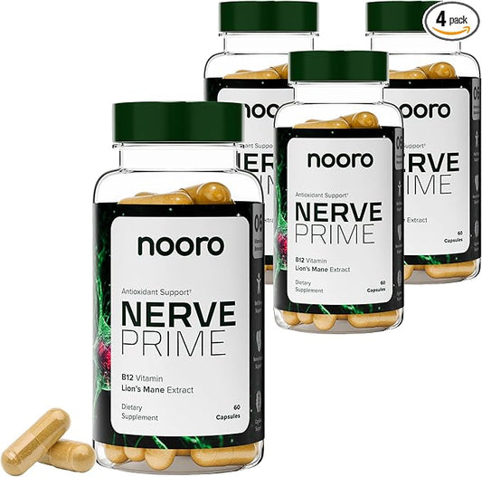 nooro Nerve Prime Supplement - R-Alpha Lipoic Acid, Lion’s Mane Mushroom, and Curcumin, Well-Being Support, Cognitive Function, Antioxidant Protection, 120-Day Supply (4 Pack)