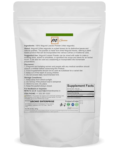 mGanna Nirgundi Leaves Powder (Vitex negundo) for Herbal & Personal Care Use 227 g / 0.5 lbs