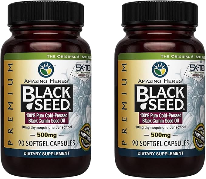 Amazing Herbs Premium Black Seed Oil Capsules - Gluten Free, Non GMO, Cold Pressed Nigella Sativa Aids in Digestive Health, Immune Support, Brain Function - 90 Count, 500mg (Pack of 2)