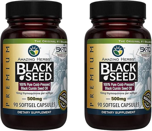 Amazing Herbs Premium Black Seed Oil Capsules - Gluten Free, Non GMO, Cold Pressed Nigella Sativa Aids in Digestive Health, Immune Support, Brain Function - 90 Count, 500mg (Pack of 2)