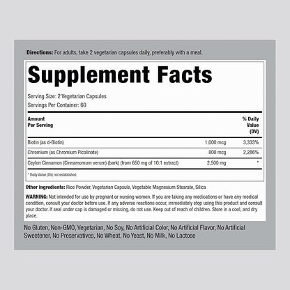 Piping Rock Ceylon Cinnamon Capsules 2500 mg | 120 Pills | Complex Supplement with Chromium and Biotin | Vegetarian, Non-GMO, Gluten Free