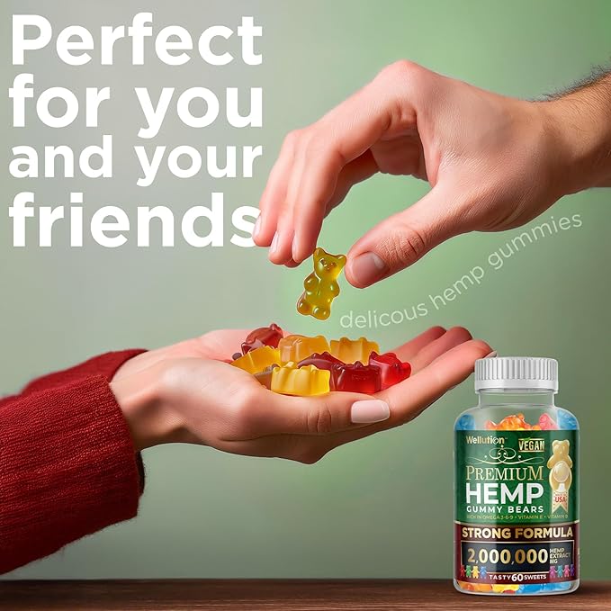 WELLUTION Hemp Gummies XXL 2,000,000 MCG - Vegan Gummy Bears with Natural Hemp Oil, Omega 3-6-9, Vitamins A & D - 60ct