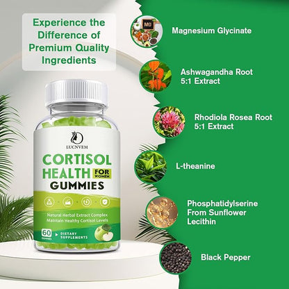 Cortisol Supplements Gummies for Women, Magnesium Ashwagandha Rhodiola Rosea and L-theanine Complex for Women, Maintain Healthy Cortisol Levels - 60 Day Vegan Supply