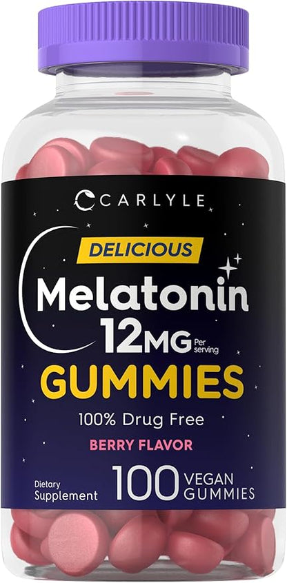 Carlyle Melatonin Gummies 12mg | 100 Count | Berry Flavor | Vegan Supplement | Non-GMO, Gluten Free