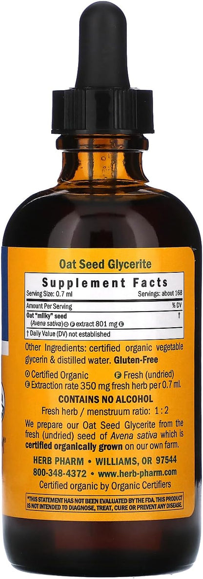 Herb Pharm Certified Organic Alcohol-Free Oat Seed Glycerite for Nervous System Support - 4 Ounce
