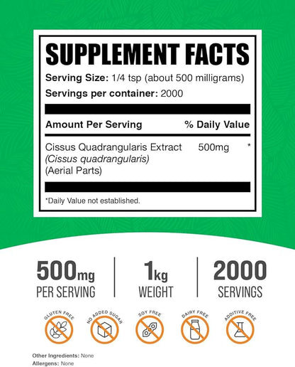 BulkSupplements.com Cissus Quadrangularis Extract Powder - Cissus Quadrangularis Supplement, Cissus Powder - Herbal Supplement, Gluten Free, 500mg per Serving, 1kg (2.2 lbs) (Pack of 1)