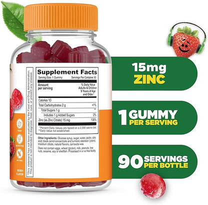 Lifeable Zinc Gummies for Kids |15mg | Great Tasting Kids Zinc Supplements | GMO Free Vegetarian Zinc Vitamins | for Healthy Skin and Immune Support for Kids and Children | 90 Gummies