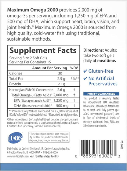 Carlson - Maximum Omega 2000 Grab + Go Packs, 2000 mg Omega-3s, Wild-Caught, Norwegian Fish Oil Supplement, Sustainably Sourced Fish Oil Capsules, Lemon, 30 Softgel Pack