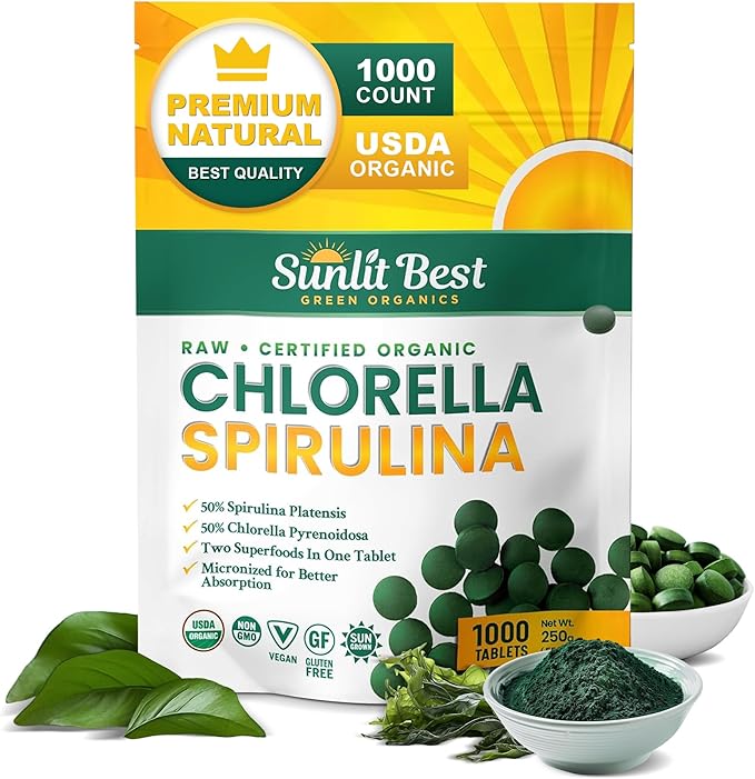 Sunlit Best Chlorella Spirulina Tablets - Organic USDA, Premium Spirulinas and Chlorella Capsules 1000 Pills - Chlorellas Natural Superfood with Spirulina Algae, Enzymes Chlorophyll & Vegan Protein