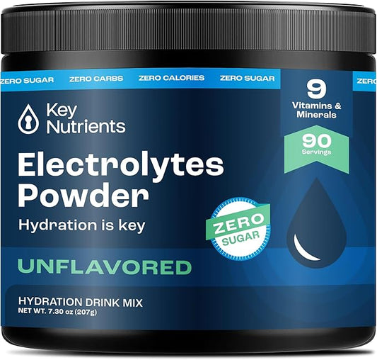 KEY NUTRIENTS Electrolytes Powder No Sugar - Unflavored Electrolyte Powder - Keto Electrolytes Powder - Unflavored Electrolytes - Hydration Powder - 90 Servings, Post Workout & Recovery