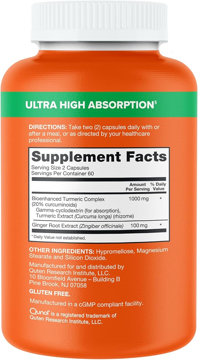 Qunol Turmeric and Ginger Capsules, 1000mg Turmeric Supplement, Ultra High Absorption to Support Joint Health, #1 Doctor Recommended Form of Turmeric Curcumin, 120 Count (Pack of 1)
