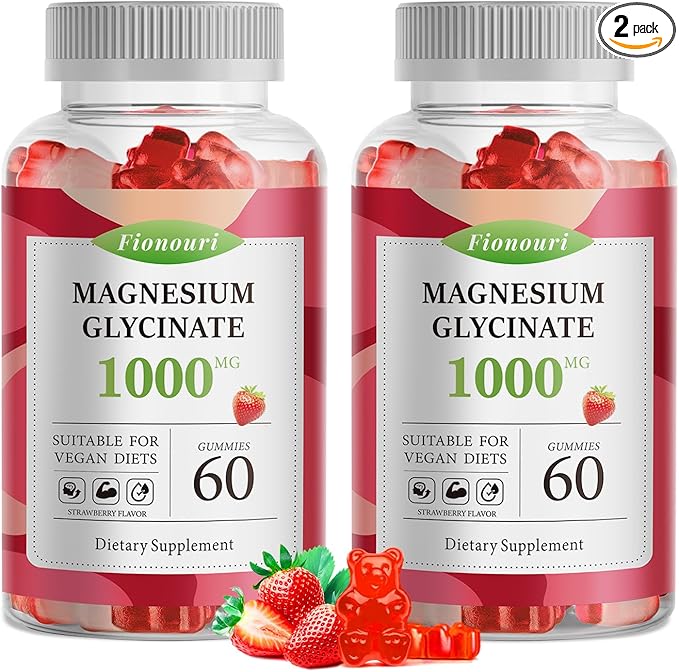 Magnesium Glycinate Gummies 1000mg - for Adults Magnesium Potassium Supplement with Vitamin D, B6, CoQ10 for Calm Mood & Sleep Support - 120 Strawberry Flavor-2 Pack