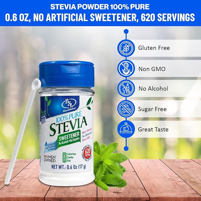 BSL 100% Pure Stevia Extract Powder Without Erythritol 0.6 Oz, No Artificial Sweetener, 620 Servings | Stevia No Erythritol | Zero Calorie & Keto Friendly, Pure Stevia Powder