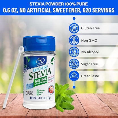BSL 100% Pure Stevia Extract Powder Without Erythritol 0.6 Oz, No Artificial Sweetener, 620 Servings | Stevia No Erythritol | Zero Calorie & Keto Friendly, Pure Stevia Powder