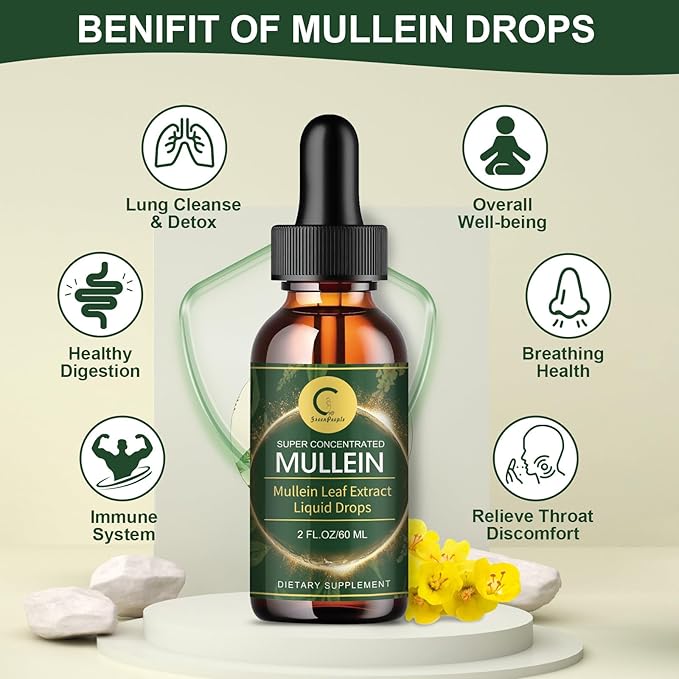 Mullein Drops for Lungs - Lung Cleanse & Detox - Vegan Mullein Leaf Extract Liquid Tincture, Support for Respiratory, Immune, Digestive System, Natural Herbal Supplement, Non-GMO,2 FL OZ