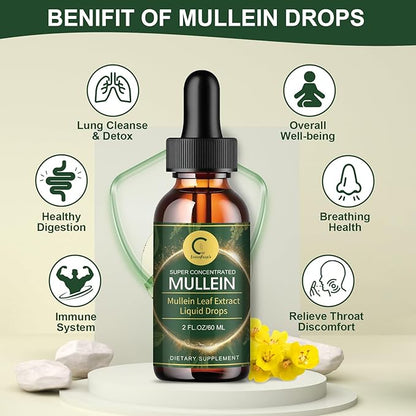 Mullein Drops for Lungs - Lung Cleanse & Detox - Vegan Mullein Leaf Extract Liquid Tincture, Support for Respiratory, Immune, Digestive System, Natural Herbal Supplement, Non-GMO,2 FL OZ