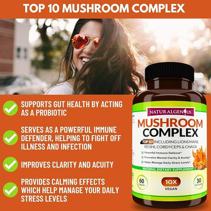 Natural Genius Top 10 Mushroom Extracts - White Button, Lions Mane, Cordyceps, Chaga, Reishi Plus - Immune Booster, Nootropic