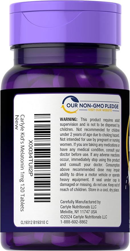 Carlyle Kids Melatonin 1mg | 120 Chewable Tablets | Fruit Flavor | Vegetarian Supplement | Non-GMO, Gluten Free Formula