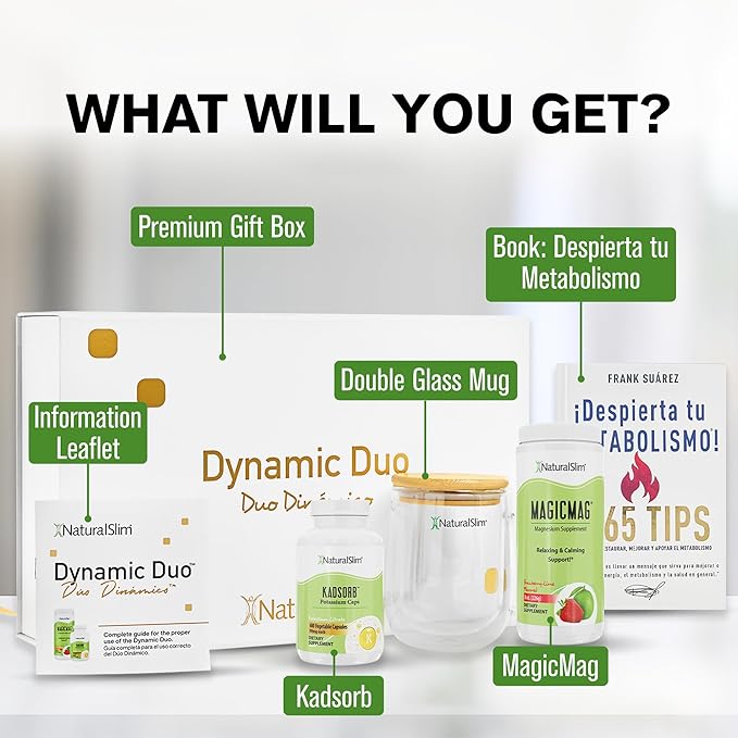 NaturalSlim Dynamic Duo Gift Set - Bundle of MagicMag Magnesium Powder, Kadsorb Potassium Caps, Despierta tu Metabolismo! Book, Double Glass Mug, & Premium Gift Box with Information Leaflet