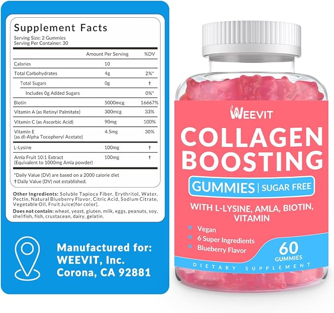 Collagen Boosting Gummies, Vegan Collagen Gummies for Women with L-Lysine, Amla, Biotin, Vitamin C, A, E, Collagen Booster Gummies Supplement for Hair Skin Nails & Joint