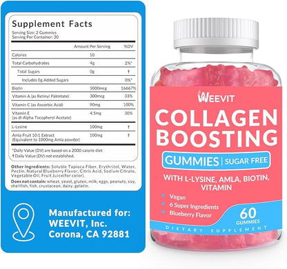 Collagen Boosting Gummies, Vegan Collagen Gummies for Women with L-Lysine, Amla, Biotin, Vitamin C, A, E, Collagen Booster Gummies Supplement for Hair Skin Nails & Joint