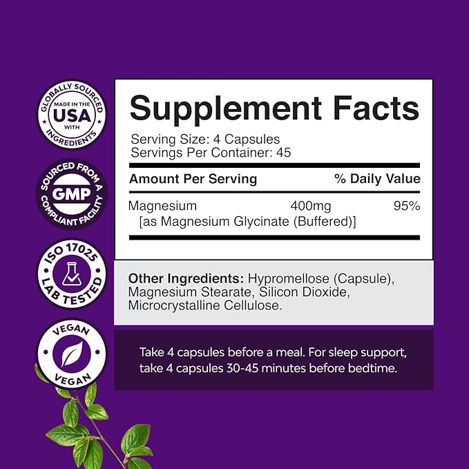 Pure Magnesium Glycinate 400mg Per Serving - Vegan High Absorption Chelated Magnesium Capsules for Women & Men with Elemental 400mg for Mood Sleep and Relaxation Support - 45 Servings