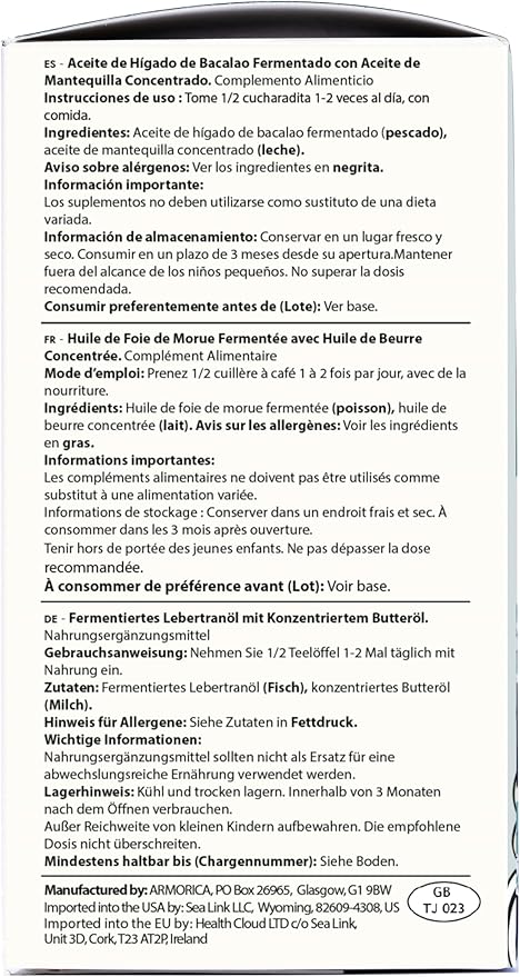 Fermented Cod Liver Oil & Concentrated Butter Oil | Natural Source of Fat Soluble Vitamins | Health Omega-3 Fats | Cold-Processed Oils (175ml)