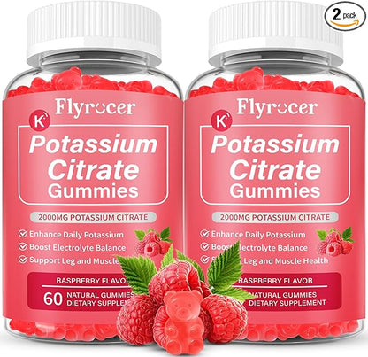 2 Pack Potassium Citrate Gummies for Adults Men & Women, Potassium Supplement for Support Leg Cramps, Muscle Health & Electrolyte Balance, Vegan, Raspberry Flavor, 120 Count