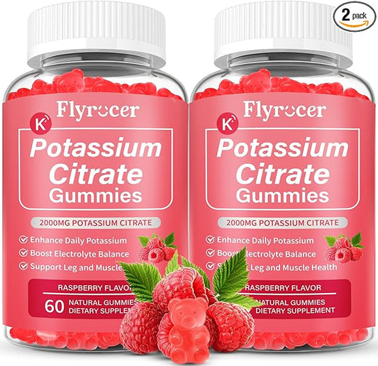 2 Pack Potassium Citrate Gummies for Adults Men & Women, Potassium Supplement for Support Leg Cramps, Muscle Health & Electrolyte Balance, Vegan, Raspberry Flavor, 120 Count