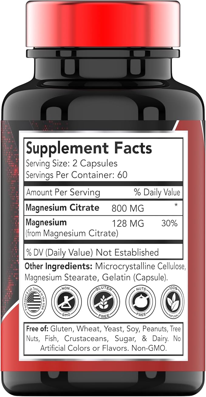 Magnesium Citrate 800 MG - 120 Capsules | Two Month Supply! | Pure Magnesium Citrate Powder Capsules | Citrato De Magnesio | Non-GMO | Produced in The USA!