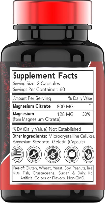 Magnesium Citrate 800 MG - 120 Capsules | Two Month Supply! | Pure Magnesium Citrate Powder Capsules | Citrato De Magnesio | Non-GMO | Produced in The USA!