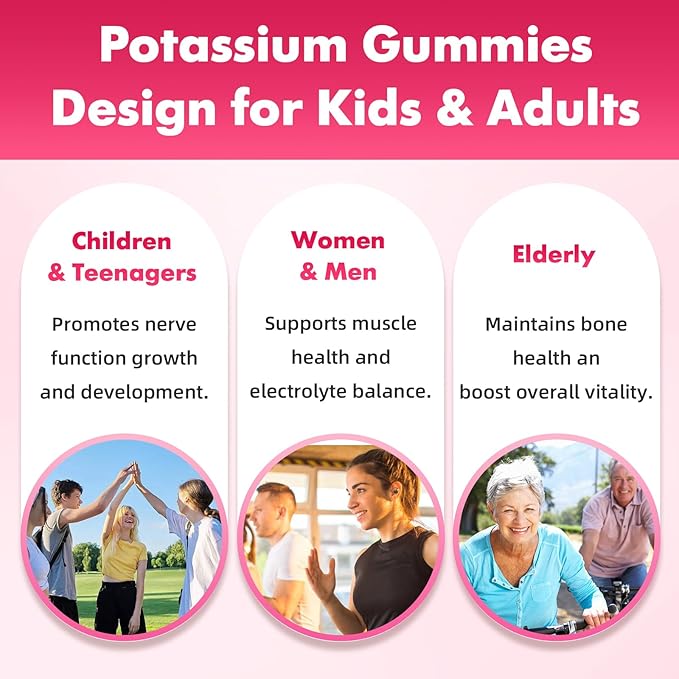 Potassium Gummies for Women & Men, High Dose Potassium Supplement 2000mg Supports Muscle Cramps & Electrolyte Balance, Raspberry Flavor 120 Count